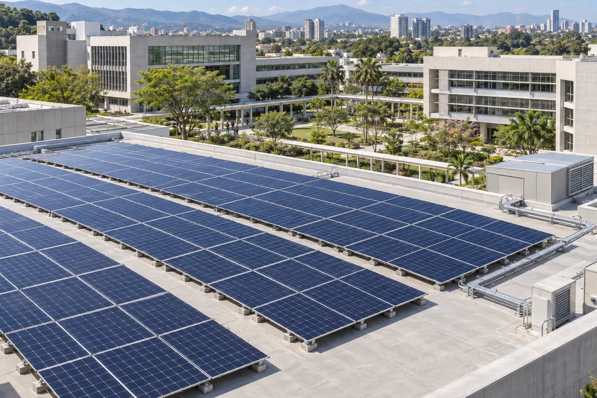 Paneles solares sobre las cubiertas de una sede institucional; visualización conceptual.