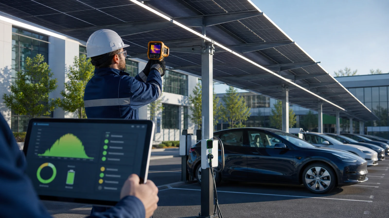 Technician monitoring and maintaining an operating solar system