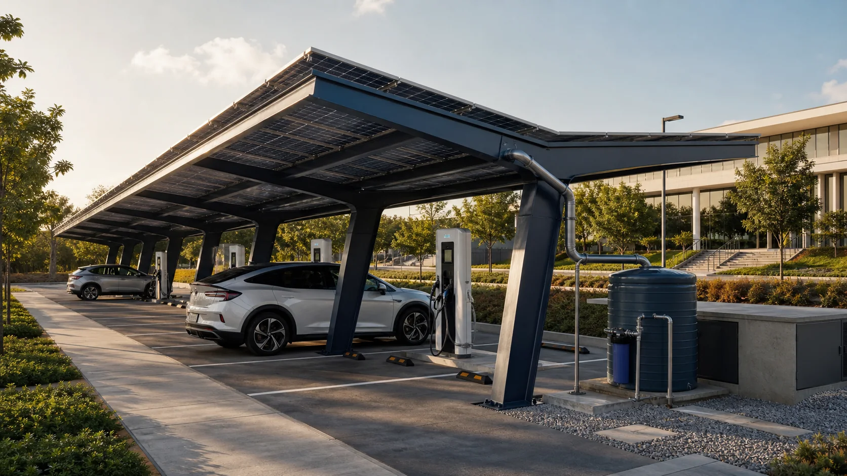 Solar carport with electric vehicles, charging stations, and rainwater collection