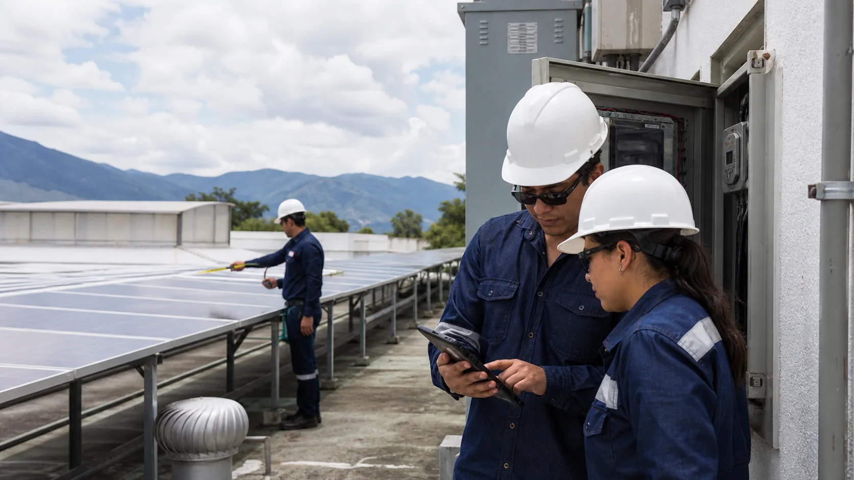 Technical team assessing electrical infrastructure for a solar project