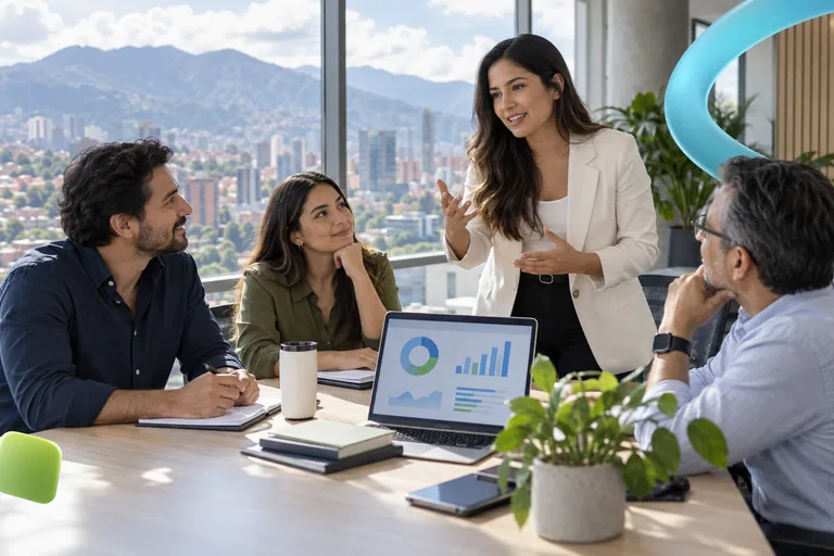 Illustrative scene of a collaborative workshop with professionals of different ages.