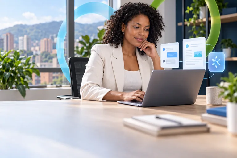 Illustrative scene of a professional consulting a knowledge assistant on her computer.