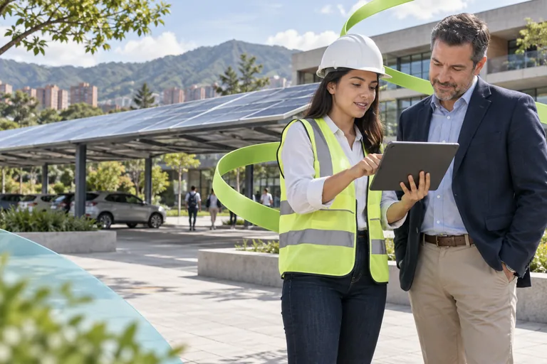 Illustrative scene of an advisor and a specialist assessing a campus with solar infrastructure.