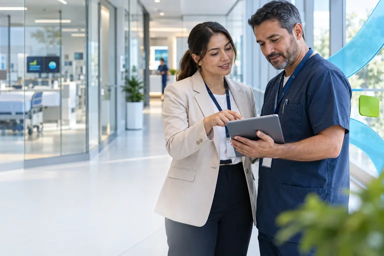 Illustrative scene of two professionals reviewing operational information in a healthcare institution.