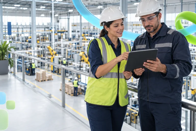 Illustrative scene of specialists reviewing industrial operations in a plant.