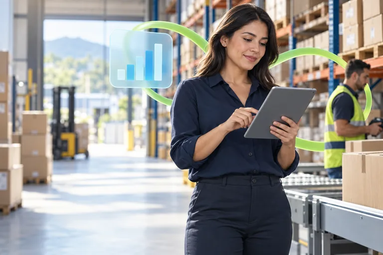 Illustrative scene of a logistics manager with a tablet in a distribution center.
