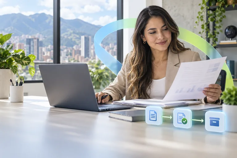 Illustrative scene of a professional reviewing documents and an automation workflow.