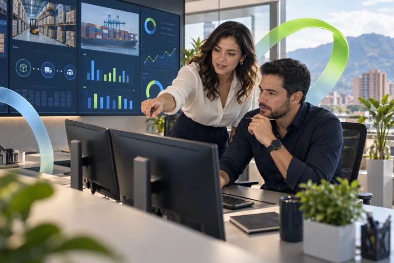 Illustrative scene of professionals reviewing operations in an enterprise control center.