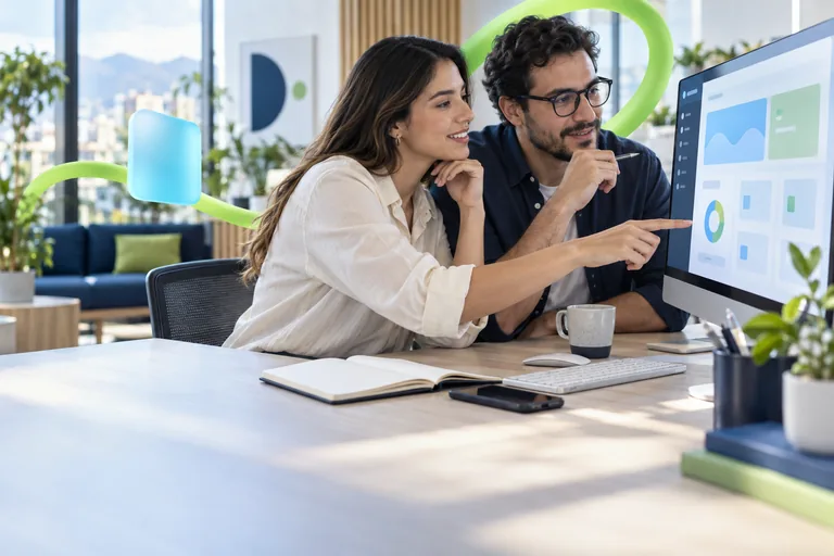 Illustrative scene of specialists designing an application in a software studio.
