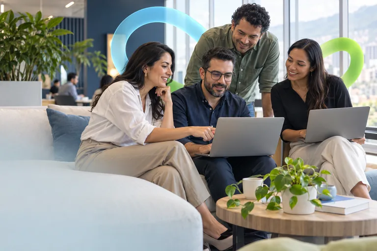 Illustrative scene of professionals collaborating on a technology project.