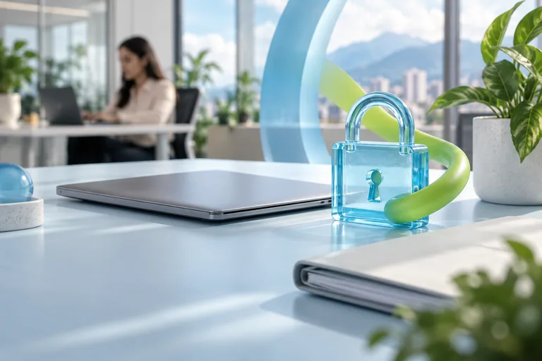 Illustration of a glass padlock beside a computer and a folder, representing data protection.